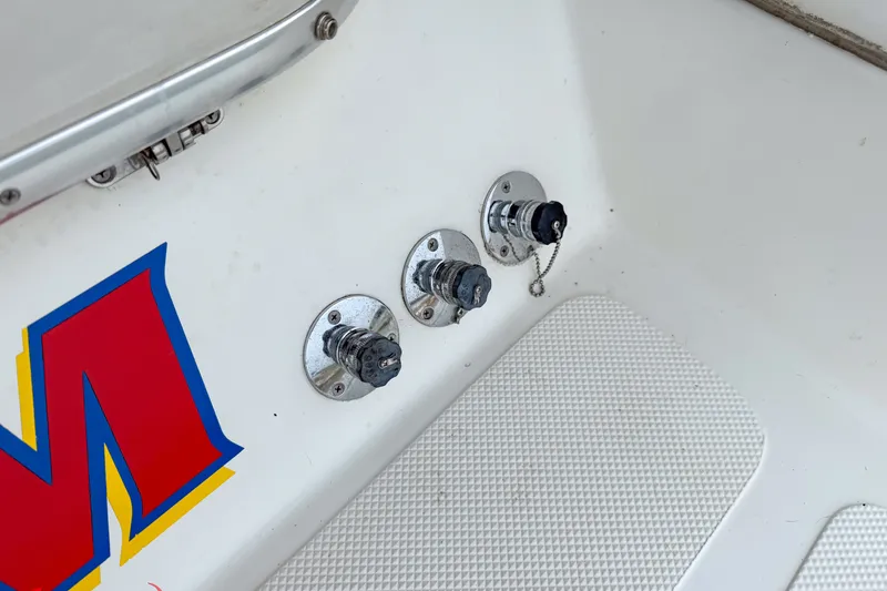 Slide: The Image of Close-up of a 2000 Sonic 45 SS boat's fuel caps and colorful decal. - 44