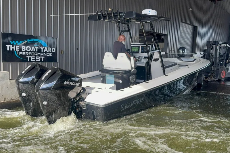 Slide: The Image of 2020 ShearWater 270 Carolina Flare undergoing performance test at boat yard. - 23