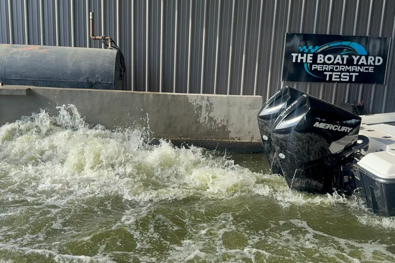 Slide: The Image of 2020 ShearWater 270 Carolina Flare undergoing performance test with Mercury engines at boat yard. - 20