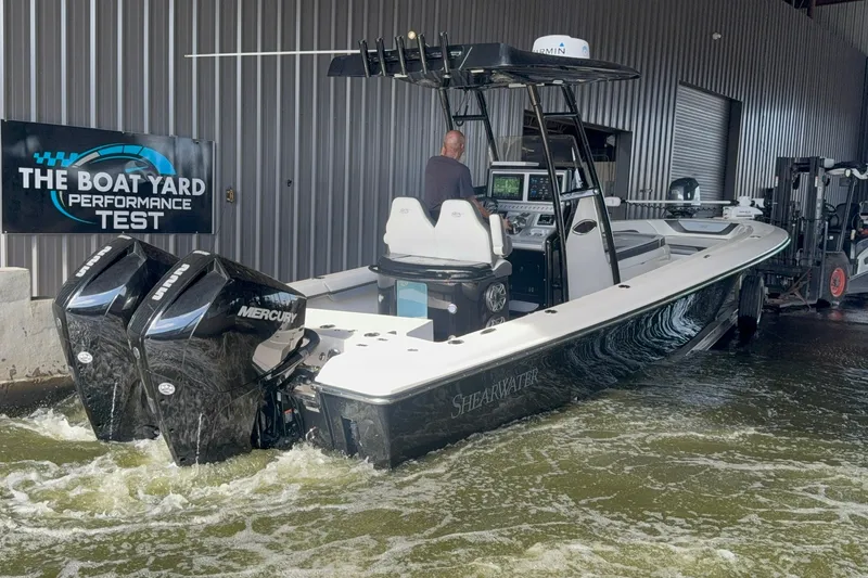 Slide: The Image of 2020 ShearWater 270 Carolina Flare undergoing performance test at boat yard facility. - 22