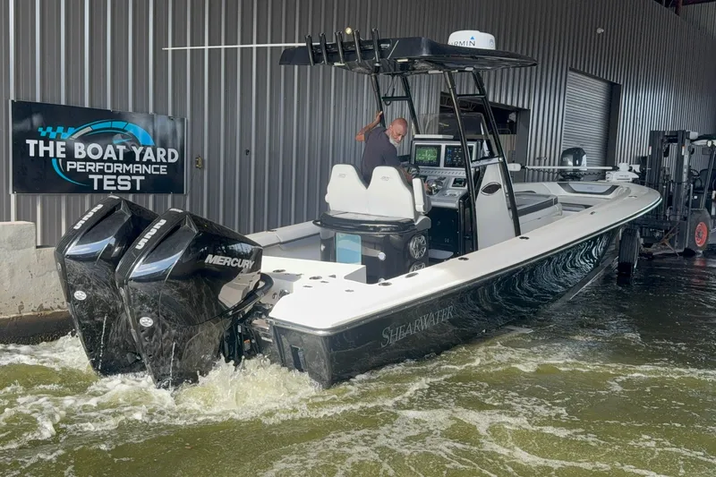 Slide: The Image of 2020 ShearWater 270 Carolina Flare undergoing performance test at boat yard. - 24