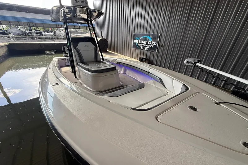 Slide: The Image of 2020 ShearWater 270 Carolina Flare boat docked for performance testing. - 33