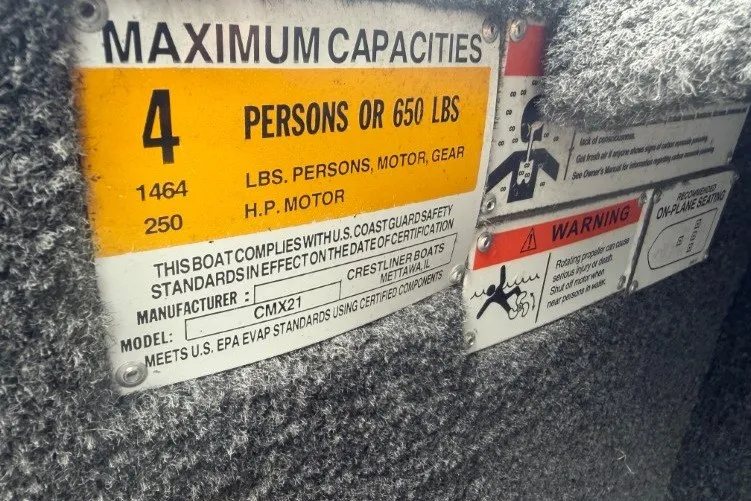 Slide: The Image of 2021 Crestliner MX 21 capacity label: 4 persons or 650 lbs, 1464 lbs total, 250 HP motor. - 14