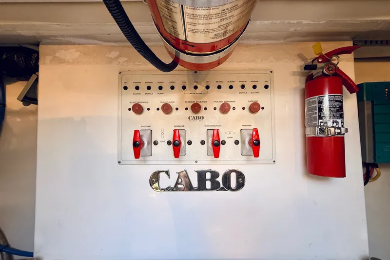 Slide: The Image of Control panel of a 2004 Cabo 35 Express boat with fire extinguishers. - 31