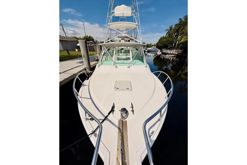Slide: The Image of 2004 Cabo 35 Express boat docked, showcasing sleek design and spacious deck under clear skies. - 40