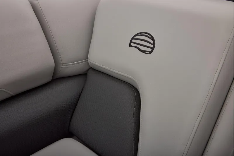 Slide: The Image of Manufacturer Provided Image: 2026 Sun Tracker Party Barge 22 XP3, luxurious gray seating detail with logo. - 78