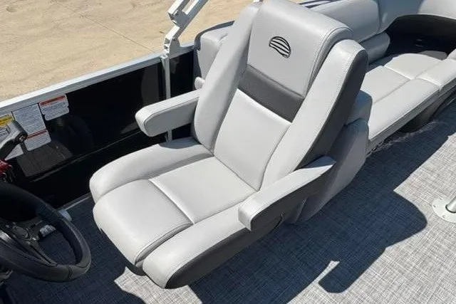 Slide: The Image of 2026 Sun Tracker Party Barge 22 XP3 boat seat, gray upholstery, modern design. - 18