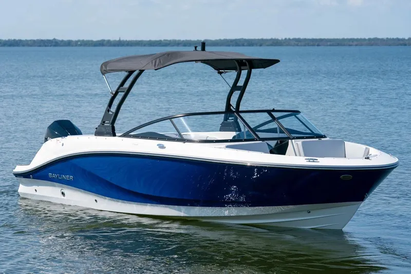 The Image of Manufacturer Provided Image: 2026 Bayliner V22 boat with blue hull and canopy on calm water. - 1