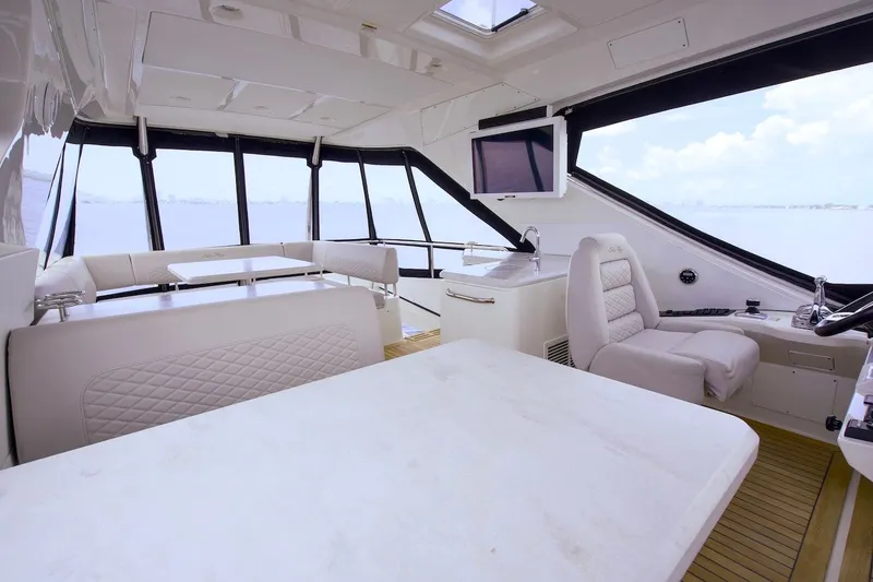 Slide: The Image of Luxurious interior of 2017 Sea Ray L590 Fly yacht with panoramic windows and plush seating. - 32