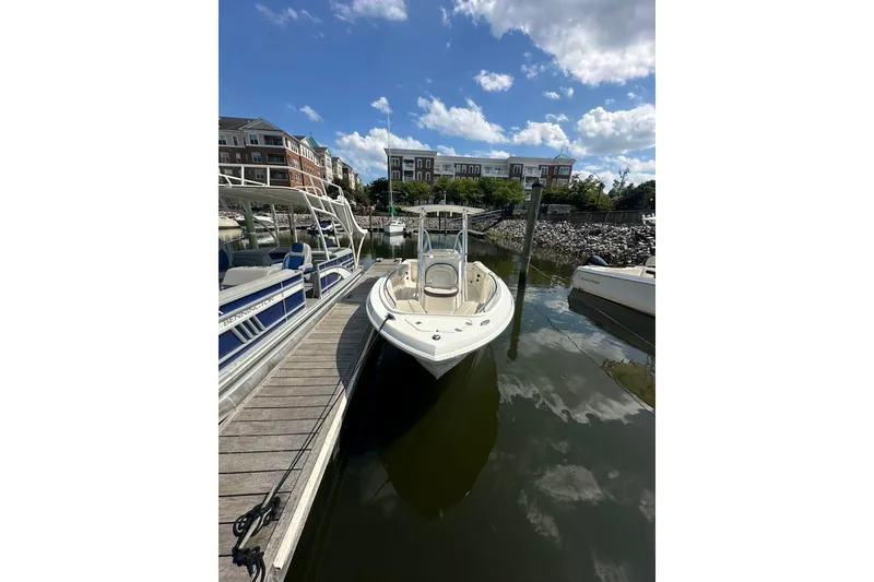 Slide: The Image of 2024 Sailfish 220 CC boat docked at a marina under a clear blue sky. - 2