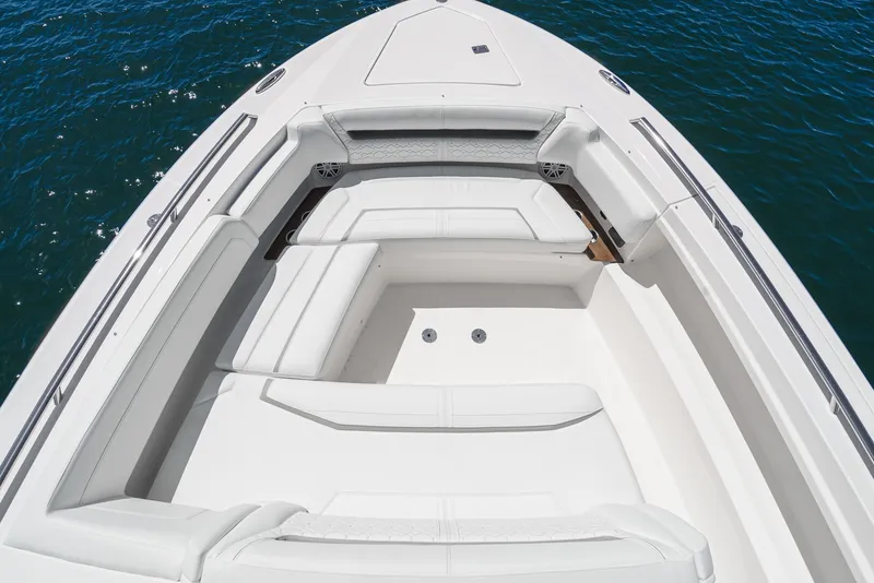 Slide: The Image of The 2024 Tiara Yachts 38 LS features an elegant bow area with luxurious white seating. - 18