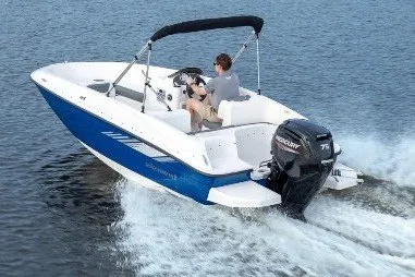 The Image of 2027 Bayliner Element E16 boat cruising on water with Mercury outboard motor. - 1