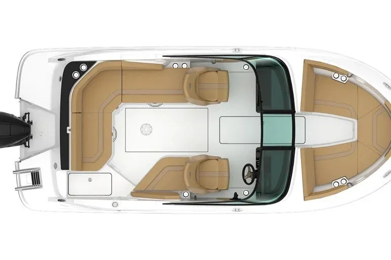 Slide: The Image of Top view of 2026 Bayliner V20 boat with tan seating and sleek design. - 9