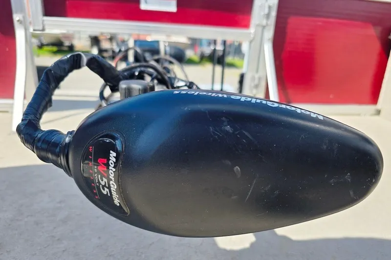 Slide: The Image of Close-up of a MotorGuide W55 wireless trolling motor on a 2013 Lowe SF 214 Sport Fish boat. - 16