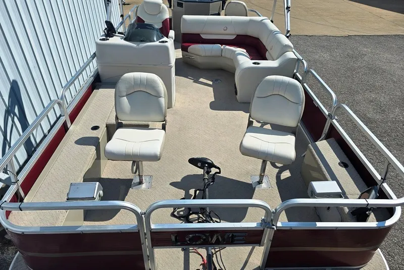 Slide: The Image of 2013 Lowe SF 214 Sport Fish pontoon boat with spacious seating and fishing chairs. - 2