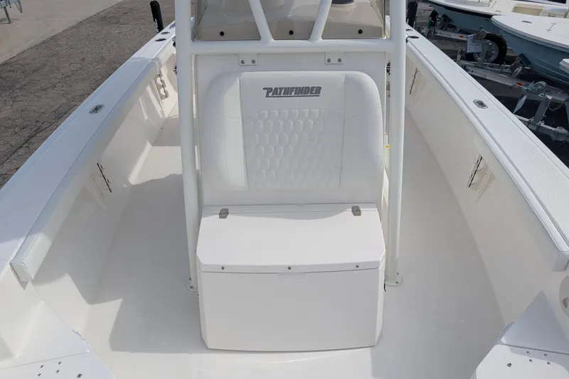 Slide: The Image of The image shows the cockpit of a 2027 Pathfinder 2400 Hybrid boat with a white bench seat. - 24