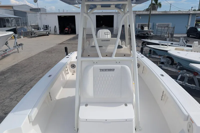 Slide: The Image of The image shows a modern Pathfinder 2400 Hybrid boat in a boatyard area. - 25