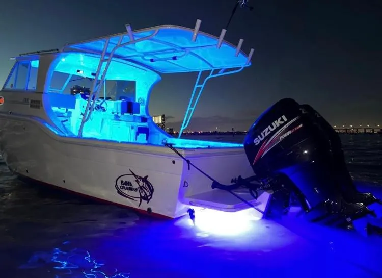 Slide: The Image of 2000 Baha Cruisers 272 Sportfish boat with blue LED lights and Suzuki outboard motor. - 39