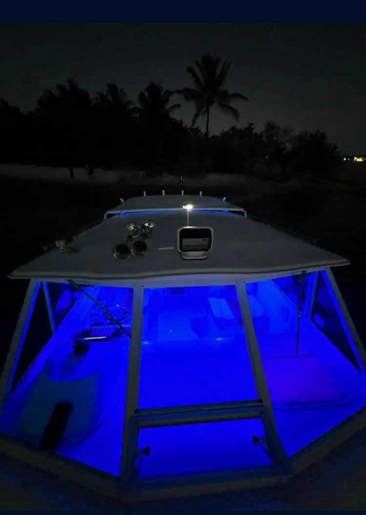 Slide: The Image of 2000 Baha Cruisers 272 Sportfish boat with blue interior lights at night. - 40