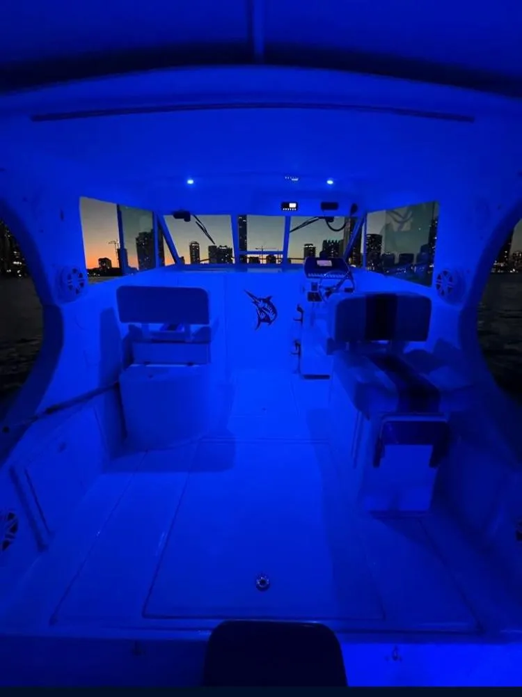 Slide: The Image of 2000 Baha Cruisers 272 Sportfish boat interior with blue LED lighting at dusk. - 43