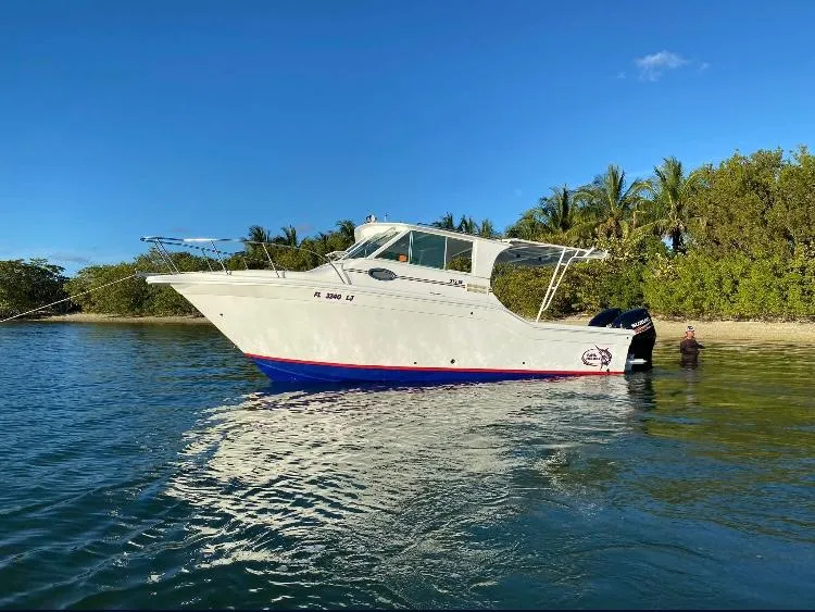Slide: The Image of Baha Cruisers 272 Sportfish 2000 anchored near tropical shoreline with clear blue sky. - 12