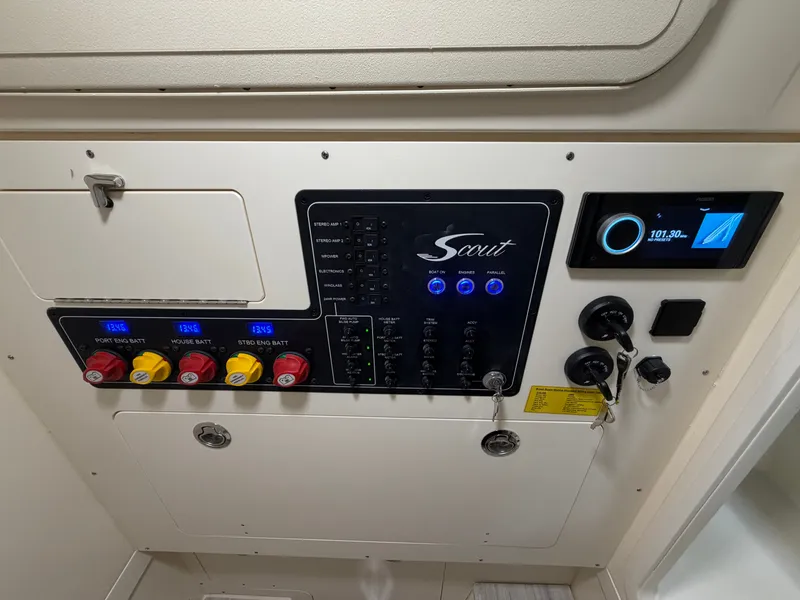 Slide: The Image of Electrical panel of a Scout 260 LXF with switches and displays. - 31