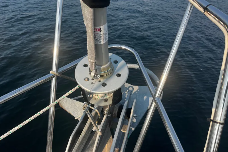 Slide: The Image of Bow of 2005 Brewer Cutter sailboat with stainless steel fittings and ocean view. - 36