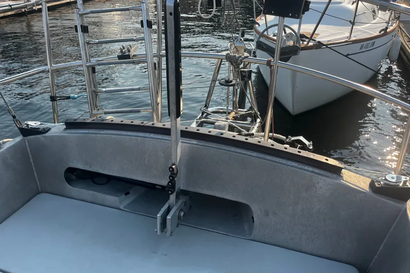 Slide: The Image of Sailboat deck view with railing and water, Brewer Cutter 2005 model. - 56