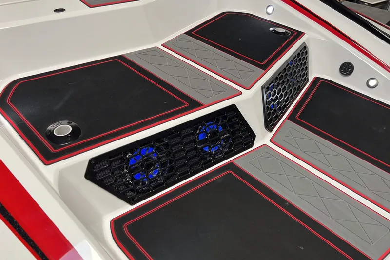 Slide: The Image of 2023 Daves Custom Boats M37R interior with sleek black and red design accents. - 18