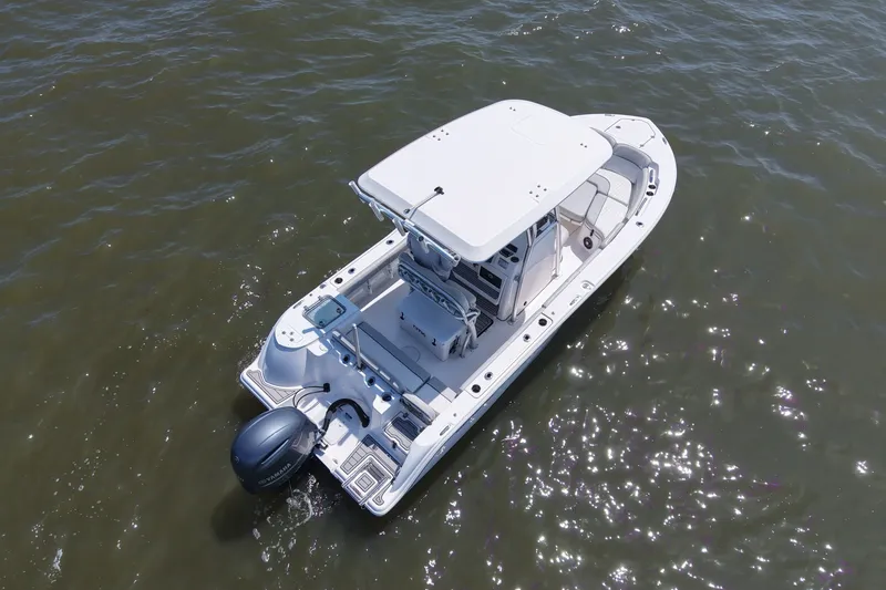 Slide: The Image of A white boat floating on calm water, featuring a covered helm and an outboard motor. - 7