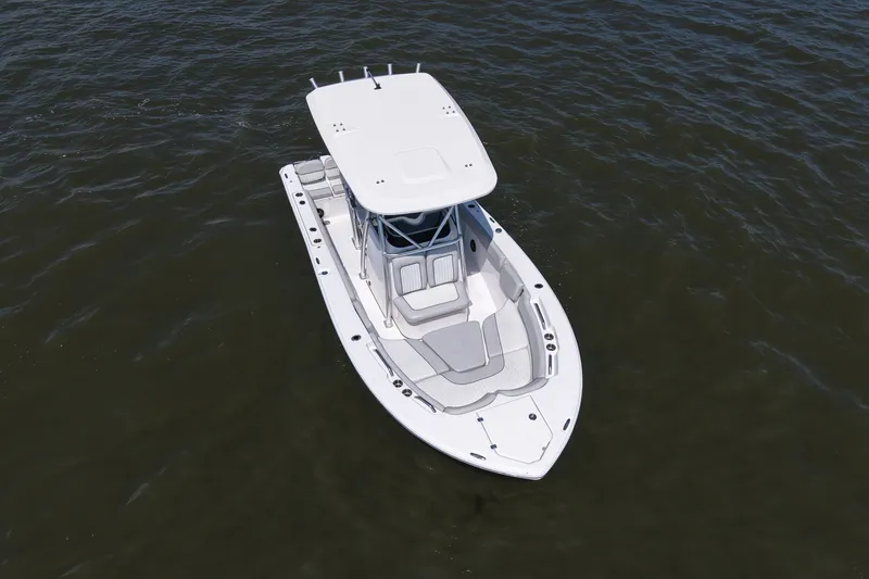 Slide: The Image of A white boat floating on calm water, featuring a spacious deck and protective canopy. - 6