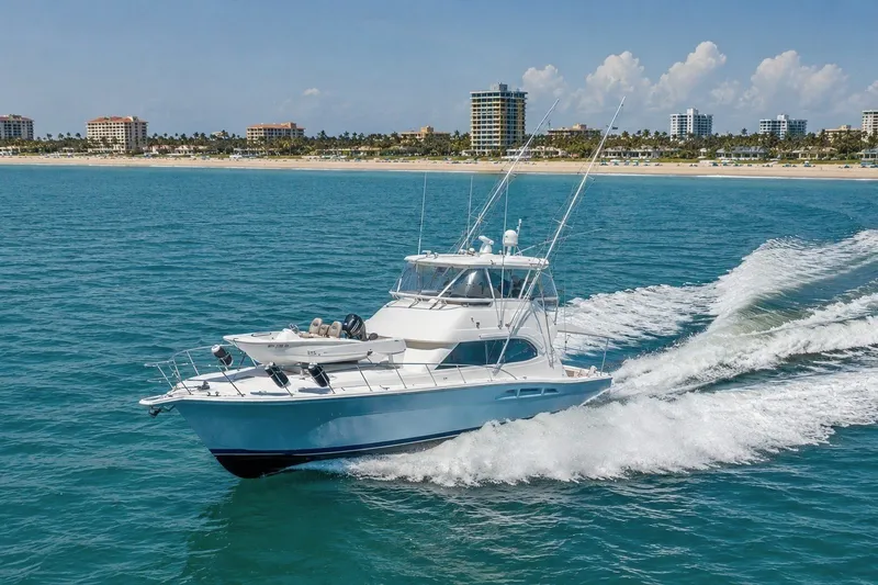 The Image of 2005 Riviera 51 Flybridge yacht cruising on blue ocean near a coastal city skyline. - 1