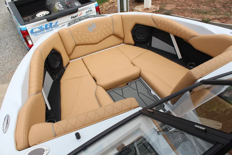 Slide: The Image of Luxurious interior of 2027 Tigé Z3 boat with tan upholstery and modern design. - 16