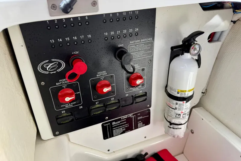Slide: The Image of Control panel of a 2022 Cobalt R8 Outboard boat with battery switches and fire extinguisher. - 34