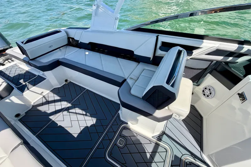 Slide: The Image of 2022 Cobalt R8 Outboard boat interior with luxurious seating and modern design. - 17