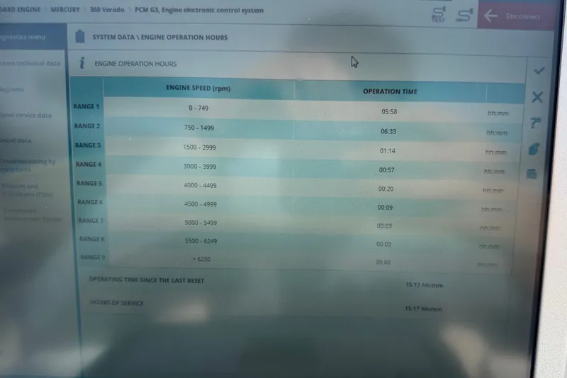 Slide: The Image of 2024 Crownline Eclipse E285 XS engine operation hours display screen. - 34