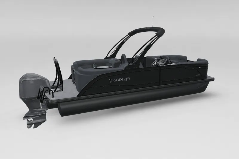 The Image of 2027 Godfrey Monaco 255 SBC pontoon boat, sleek black design, modern features, outboard motor. - 1