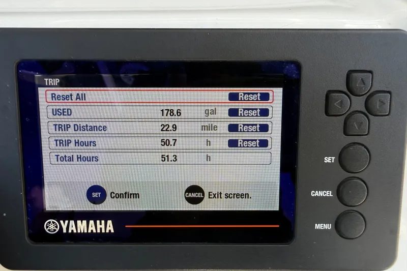 Slide: The Image of Yamaha display on 2022 Tidewater 2410 Bay Max showing trip hours and fuel usage. - 22