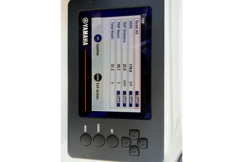 Slide: The Image of Yamaha display on 2022 Tidewater 2410 Bay Max showing trip hours and fuel usage. - 22