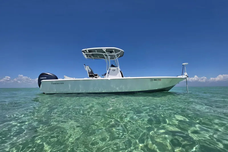 Slide: The Image of 2022 Tidewater 2410 Bay Max boat on clear turquoise water under blue sky. - 2