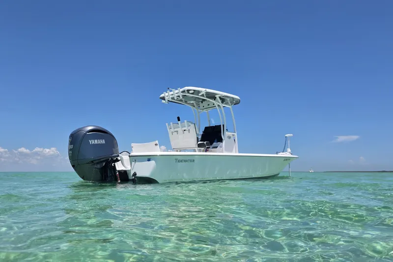 Slide: The Image of 2022 Tidewater 2410 Bay Max boat on clear turquoise water under blue sky. - 3
