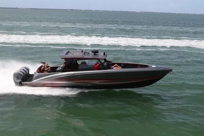 Slide: The Image of 2021 Concept 44' Open Deck boat speeding on ocean waters. - 43