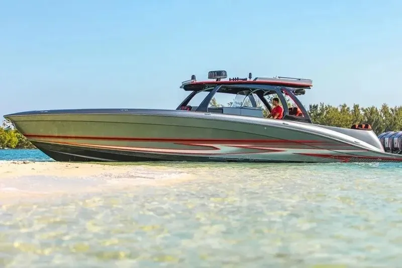 Slide: The Image of 2021 Concept 44' Open Deck boat on clear water, showcasing sleek design and vibrant colors. - 60