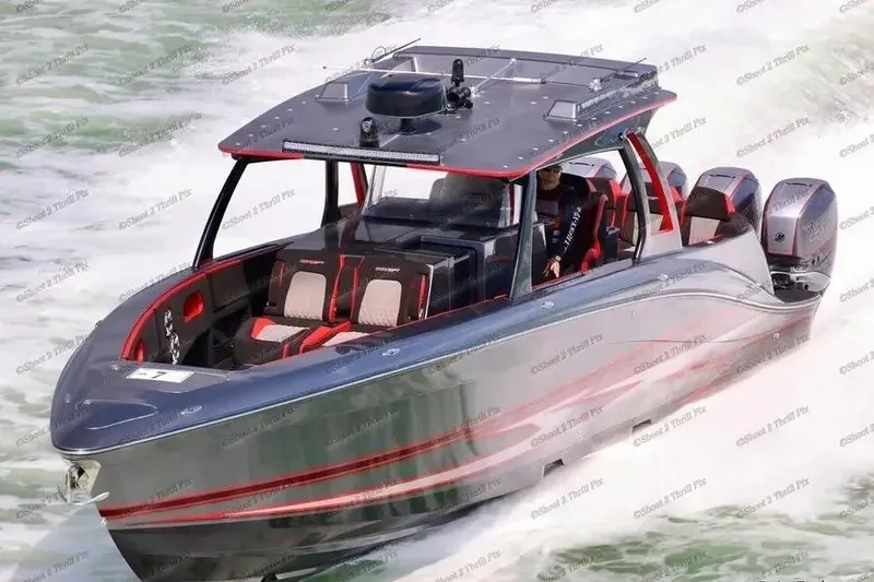Slide: The Image of 2021 Concept 44' Open Deck boat cruising on water, featuring sleek design and powerful engines. - 35