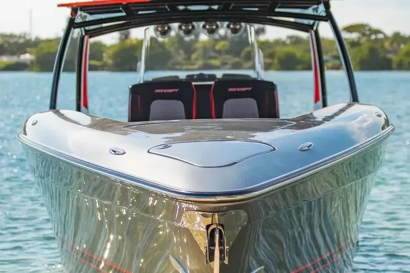Slide: The Image of 2021 Concept 44' Open Deck boat on water, sleek design, modern seating. - 65