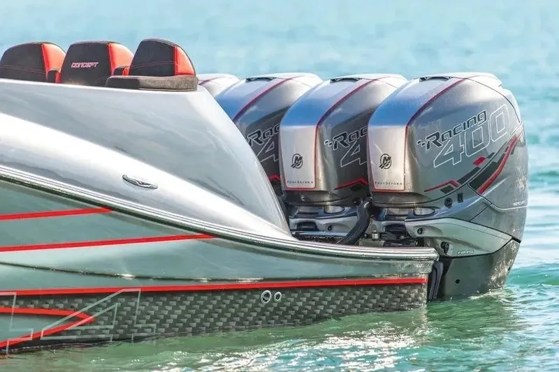 Slide: The Image of 2021 Concept 44' Open Deck boat with four powerful Racing 400 engines on water. - 62