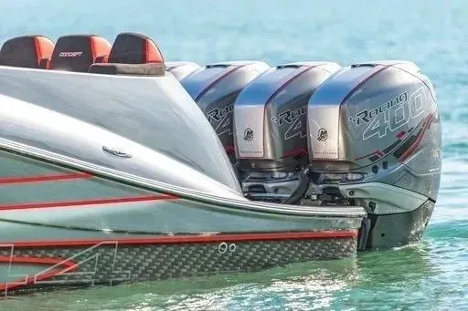 Slide: The Image of 2021 Concept 44' Open Deck boat with powerful Racing 400 engines on turquoise water. - 20