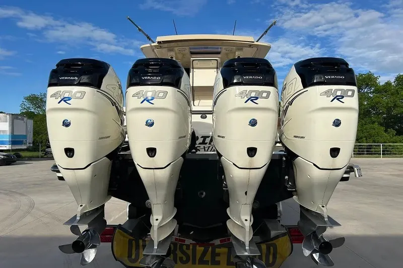 Slide: The Image of 2019 Scout 420 LXF boat with four Mercury Verado 400R outboard engines. - 9