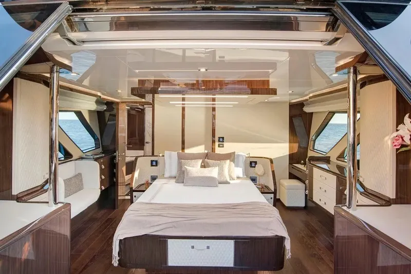 Slide: The Image of Luxurious interior of 2023 Lazzara LSX 67 yacht with elegant bedroom design. - 20