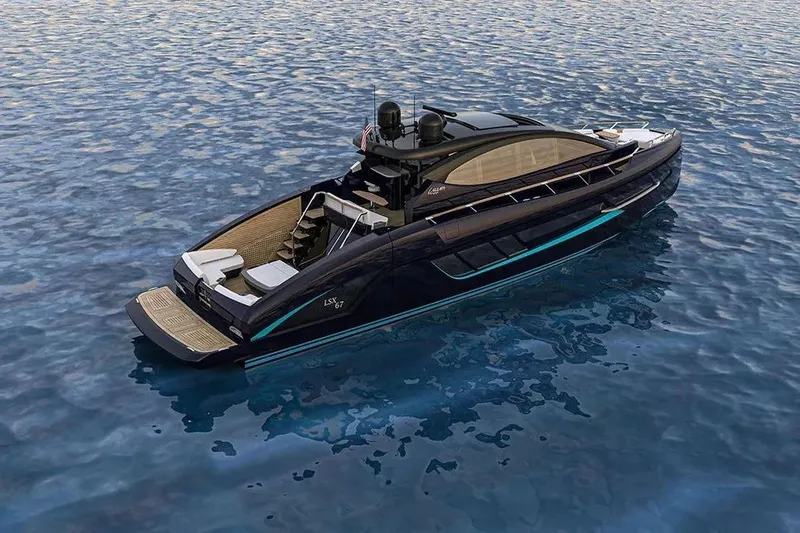 Slide: The Image of 2023 Lazzara LSX 67 luxury yacht on calm blue water. - 28